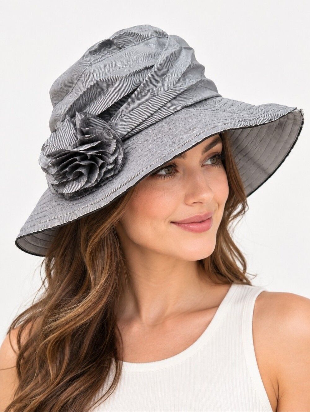 Women's stripped floral Summer Hat with Wired Brim grey black